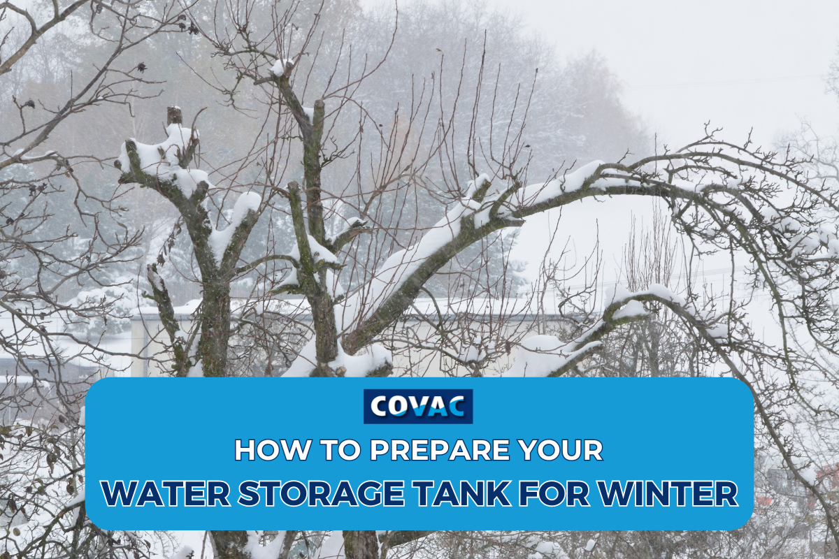Image of a wintery landscape, with the text "how to prepare your water storage tank for winter"
